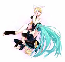 1boy 2girls anal anal_object_insertion ass back blonde_hair blue_hair breasts brother_and_sister clothed_sex detached_sleeves dildo dress es es_(cah60700) femdom ffm_threesome group_sex hatsune_miku hetero incest kagamine_len kagamine_rin long_hair multiple_girls nipples object_insertion orgy pegging penis ribbon sex sex_toy short_hair siblings sitting sitting_on_face sitting_on_person small_breasts strap-on threesome twincest twins undressing vocaloid