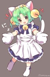 Rule 34 | 1girl, animal hands, animal hat, apron, bell, blue dress, cat hat, dejiko, di gi charat, dress, full body, gloves, green eyes, green hair, grey background, hat, highres, jingle bell, looking at viewer, mittens, neck bell, open mouth, paw gloves, ramudia (lamyun), solo, white apron, white mittens
