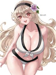 1girl bare_arms bare_shoulders bikini bikini_skirt black_hairband blonde_hair blush breasts cleavage collarbone female_corrin_(fire_emblem) female_corrin_(novice_vacationer)_(fire_emblem) fire_emblem fire_emblem_fates fire_emblem_heroes flower gluteal_fold hair_between_eyes hair_flower hair_ornament hairband highres large_breasts long_hair looking_at_viewer navel nintendo official_alternate_costume pointy_ears red_eyes simple_background smile solo swimsuit thighs white_background white_bikini zqzbq
