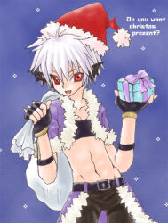 Rule 34 | 1boy, black gloves, black pants, black shirt, black wings, blue background, cape, christmas, commentary request, cowboy shot, crop top, cropped jacket, dated commentary, english text, engrish text, fingerless gloves, fur-trimmed cape, fur-trimmed jacket, fur trim, gift, gloves, haruhana1104, hat, head wings, holding, holding gift, holding sack, jacket, looking at viewer, male focus, midriff, navel, open clothes, open jacket, open mouth, pants, purple cape, purple jacket, ragnarok online, ranguage, red eyes, red hat, sack, santa hat, shirt, short hair, short sleeves, smile, snowing, solo, stalker (ragnarok online), waist cape, wings