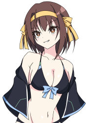Rule 34 | 1girl, absurdres, bikini, black bikini, blue bow, bow, bow bikini, breasts, brown eyes, brown hair, cleavage, collarbone, hair ribbon, halterneck, highres, navel, ribbon, short hair, simple background, smile, solo, suzumiya haruhi, suzumiya haruhi no yuuutsu, swimsuit, white background, xil 0828, yellow ribbon