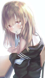 1girl aisaka_taiga bare_shoulders black_sailor_collar black_shirt blush breasts brown_eyes brown_hair chair clothes_down commentary covering_breasts covering_privates desk from_side highres long_hair long_sleeves looking_at_viewer moda_(mo_da_3) mouth_hold off_shoulder on_chair oohashi_high_school_uniform sailor_collar school_chair school_desk school_uniform shirt simple_background small_breasts solo toradora! upper_body white_background