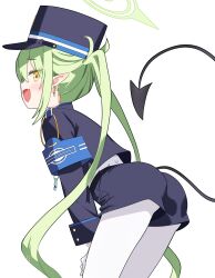1girl absurdres ass back blue_archive blue_hat blue_jacket blue_shorts cowboy_shot hat highres jacket long_hair looking_back masushi_masashi nozomi_(blue_archive) pantyhose pointy_ears shorts simple_background solo twintails white_background white_pantyhose yellow_eyes