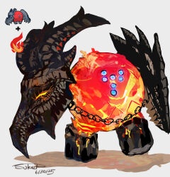 absurdres alternate_design chain commentary_request dated fire full_body gen_8_pokemon grey_background highres legendary_pokemon nintendo no_humans plus_sign pokemon pokemon_(creature) pokemon_focus regidrago shadow signature simple_background solo sukepmonster