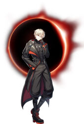 1boy black_boots black_coat black_pants black_shirt boots closers coat covered_abs covered_pectorals full_body grin hand_on_own_hip highres looking_at_viewer male_focus official_art open_clothes open_coat pants pectorals red_eyes shirt short_hair simple_background smile solo standing white_background white_hair wolfgang_schneider