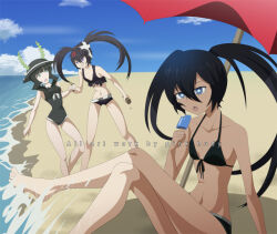 Rule 34 | 3girls, beach, belt, bikini, black bikini, black hair, black rock shooter, black rock shooter (character), blue eyes, crossed legs, dead master, food, front-tie bikini top, front-tie top, green eyes, green horns, horns, ice cream, ice cream cone, insane black rock shooter, long hair, multiple girls, one-piece swimsuit, pink-hudy, purple eyes, swimsuit, twintails, umbrella, uneven twintails