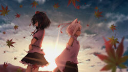 2girls absurdres animal_ears autumn_leaves back-to-back backlighting bare_shoulders black_hair black_skirt breasts closed_mouth cloud commentary detached_sleeves falling_leaves frilled_skirt frills from_side hat highres inubashiri_momiji leaf light_particles long_sleeves looking_to_the_side medium_hair miniskirt multiple_girls nose outdoors puffy_sleeves red_eyes red_headwear ribbon-trimmed_sleeves ribbon_trim shameimaru_aya shirt skirt small_breasts smile szl tengu tokin_hat touhou twilight white_hair white_shirt wide_sleeves wolf_ears wolf_girl