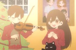 Rule 34 | 1boy, 1girl, antenna hair, black eyes, black hair, blush, bow (music), brother and sister, cat, christmas tree, closed eyes, closed mouth, double-parted bangs, highres, holding, holding bow (music), holding instrument, holding violin, indoors, instrument, long hair, long sleeves, looking at another, mari (faraway) (omori), mari (omori), mewo, music, my loleeta, omori, open mouth, playing instrument, red sweater, ribbed sweater, short hair, siblings, smile, snowing, sunny&#039;s dad (omori), sunny&#039;s mom (omori), sunny (omori), sweater, teeth, upper teeth only, violin, window