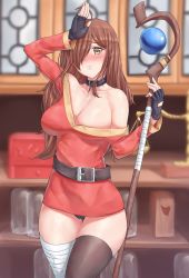 Rule 34 | 1girl, ahoge, bandages, bandaged leg, bandages, black panties, blush, breasts, brown eyes, brown hair, cleavage, cosplay, dress, fingerless gloves, gloves, hair over one eye, highres, holding, holding staff, kono subarashii sekai ni shukufuku wo!, large breasts, long hair, looking at viewer, megumin, megumin (cosplay), panties, red dress, sarhce, single thighhigh, solo, staff, thighhighs, underwear, wiz (konosuba)