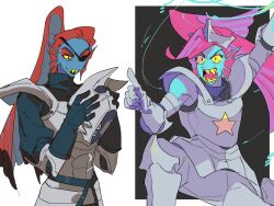 2girls armor blue_skin breastplate colored_skin cowboy_shot deltarune dual_persona eyepatch fins fish_girl gauntlets head_fins helmet high_ponytail highres holding_unworn_helmet long_hair multiple_girls no_nose one_eye_covered open_mouth pauldrons pink_hair ponytail red_hair sharp_teeth shoulder_armor slit_pupils smile teeth undertale undyne white_background yaksa_del