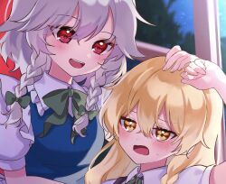 2girls blonde_hair blush bow bowtie braid breasts commentary_request green_bow green_bowtie grey_hair hair_bow headpat highres izayoi_sakuya kirisame_marisa long_hair multiple_girls no_headwear open_mouth puffy_short_sleeves puffy_sleeves red_eyes short_sleeves side_braid single_braid smile sweatdrop touhou twin_braids yellow_eyes yomogi_9392 yuri