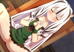1girl animal_ears atla_fayon black_hair blunt_bangs blush bracelet chair cleft_of_venus closed_eyes collarbone commentary_request dbmaster dress dutch_angle frown green_dress hands_up highres jewelry loli long_hair multicolored_hair no_panties off-shoulder_dress off_shoulder own_hands_together paid_reward_available pussy pussy_peek short_sleeves sitting solo spread_legs streaked_hair tate_no_yuusha_no_nariagari thighs tiger_ears tiger_girl uncensored variant_set white_hair