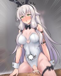1boy 1girl :o alternate_costume altina_orion animal_ears black_bow black_bowtie blush bow bowtie breasts clothed_female_nude_male clothed_sex clothing_cutout cowboy_shot cowgirl_position crotchless crotchless_leotard cum cum_in_pussy cum_overflow dot_nose eiyuu_densetsu emphasis_lines fake_animal_ears gabao_(mattari_2019) girl_on_top green_eyes grey_background hand_on_another&#039;s_stomach heart_cutout hetero jewelry leotard long_hair medium_breasts nude open_mouth penis playboy_bunny pussy see-through_pantyhose sen_no_kiseki sen_no_kiseki_(series) sen_no_kiseki_ii sex simple_background straddling thighlet torogao trembling vaginal very_long_hair white_hair white_leotard wrist_cuffs