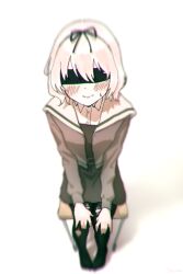 Rule 34 | 1girl, black blindfold, black bow, black dress, black pantyhose, blindfold, blush, bow, cardigan, closed mouth, collared shirt, dress, grey cardigan, grey hair, hair bow, hanamura hinako, kitanai kimi ga ichiban kawaii, leedaru1, long sleeves, nervous, nervous sweating, on chair, pantyhose, shirt, short hair, simple background, solo, sweat, torn clothes, torn pantyhose, white background, white shirt