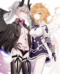 2girls absurdres angel_wings aquact armor armored_dress black_cloak black_hands black_panties black_thighhighs blonde_hair blue_dress body_markings braid braided_ponytail breasts choker cloak colored_extremities crossed_bangs demon_girl demon_horns demon_wings dress ear_piercing fate/grand_order fate_(series) feathered_wings gauntlets green_eyes grey_eyes grey_hair grin hair_between_eyes highres horns jeanne_d&#039;arc_(fate) juliet_sleeves large_breasts lilith_(fate) long_hair long_sleeves looking_at_viewer metatron_jeanne_(fate) multiple_girls navel panties piercing pointy_ears puffy_sleeves shirt smile stomach_tattoo tattoo thighhighs thighs twintails underwear very_long_hair white_shirt white_thighhighs wings