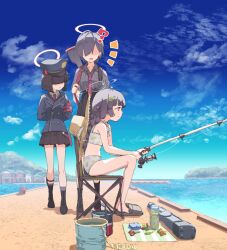 3girls ? ahoge armband arms_behind_back backpack bag bikini black_footwear black_hair black_skirt blue_archive blue_jacket boots breasts bucket building buttons chair cloud collared_shirt day double-breasted faceless faceless_female fishing fishing_rod full_body gehenna_student_(blue_archive) grey_shirt gun gun_sling hair_over_eyes halo hat highres holding holding_fishing_rod hoshi_umi jacket leaf leaf_on_head long_hair looking_at_another miniskirt miyu_(blue_archive) miyu_(swimsuit)_(blue_archive) multiple_girls necktie notice_lines ocean open_mouth outdoors pier pleated_skirt police_hat prefect_team_member_(blue_archive) red_necktie rifle sandals scissors shadow shirt short_hair sitting skirt small_breasts standing starfish straw_hat swimsuit thermos walking weapon weapon_case white_bikini