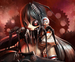 2girls android apron bare_shoulders black_sclera bow ca_(maeda_koutarou) calne_ca_(deino) colored_sclera commentary_request doll doll_joints dress gears grey_hair haguruma_rapt hairband heterochromia highres insect_on_head isopod joints livee looking_at_viewer looking_to_the_side mandibles mechanical_arms mini_person minigirl mismatched_sclera multiple_girls nato-kun non-humanoid_robot orange_dress original red_bow red_hairband red_light red_theme robot robot_animal sitting_on_shoulder smile vocaloid