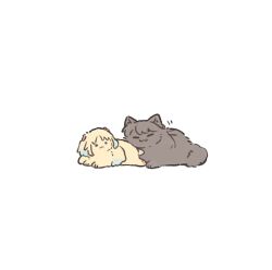 :3 animal_focus animalization ao_kaeru blue_eyes cat closed_mouth commentary_request dog flower fujishima_megumi hair_flower hair_ornament highres link!_like!_love_live! love_live! mira-cra_park! motion_lines negative_space no_humans osawa_rurino pink_flower simple_background twintails two_side_up virtual_youtuber white_background