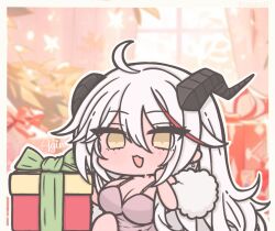 1girl aegir_(azur_lane) aegir_(one-on-one_leisure_time)_(azur_lane) ahoge azur_lane black_horns blush bow box character_name chibi chibi_only christmas christmas_tree coat commentary cowl_neck curtains dragon_girl dragon_horns dress earrings english_text evening_gown fur-trimmed_coat fur_trim futaba_(anti_clockwise) gift gift_box gift_wrapping grey_coat horns indoors jacket jewelry long_hair multicolored_hair official_alternate_costume open_mouth pearl_earrings pink_dress plunging_neckline red_hair smile solo streaked_hair sweater_jacket symbol-only_commentary very_long_hair white_hair window yellow_eyes