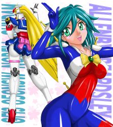 1990s_(style) 1girl allenby_beardsley ass blue_bodysuit blue_hair bodysuit bow breasts covered_erect_nipples female_focus g_gundam green_eyes gundam highres large_breasts mecha mecha_pilot_suit mobile_trace_suit nobel_gundam retro_artstyle robot solo wolfpack yellow_bow