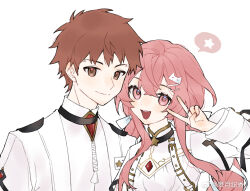 1boy 1girl artist_request blush bow commission dress emiya_shirou fate/stay_night fate_(series) formal_clothes hair_ornament jacket long_hair long_sleeves momomiya_shizuku_(gaoyue_jixiang) non-web_source oc_x_canon original pink_eyes pink_hair red_hair ribbon second-party_source shirt skirt smile suit twintails white_dress white_suit