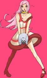 00s 1girl :o anemone_(eureka_seven) animal bare_shoulders blood blood_on_breasts blood_on_face collarbone eureka_seven eureka_seven_(series) female_focus full_body gulliver_(eureka_seven) heart high_heels holding jewelry neck_ring off_shoulder open_mouth pink_background pink_eyes pink_hair simple_background solo standing teeth