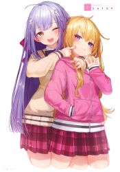 Rule 34 | 2girls, ;d, absurdres, ahoge, artist name, blonde hair, blush, bow, closed mouth, cowboy shot, cropped legs, cross hair ornament, finger to another&#039;s cheek, finger to cheek, gabriel dropout, gabriel tenma white, hair bow, hair ornament, hand in pocket, hand up, highres, jacket, long hair, long sleeves, looking at viewer, multiple girls, non-web source, one eye closed, open mouth, pink jacket, pink skirt, plaid clothes, plaid skirt, purple hair, raphiel shiraha ainsworth, red bow, ryota (ry o ta), sidelocks, simple background, skirt, sleeves past wrists, smile, standing, teeth, upper teeth only, white background, zipper, zipper pull tab