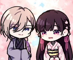 1boy 1girl absurdres blue_eyes brown_hair cherry_blossoms chibi hair_over_shoulder haori highres japanese_clothes kimono kudou_kiyoka leamun long_hair low_ponytail obi obiage obijime outdoors pink_eyes pink_kimono ponytail purple_kimono saimori_miyo sash watashi_no_shiawase_na_kekkon