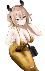 Rule 34 | 1girl, animal ears, bare shoulders, bent over, breasts, brown hair, cleavage, cowboy shot, dress, gold dress, golden week, green eyes, grey background, highres, indie virtual youtuber, large breasts, nimi nightmare, redi (rasec asdjh), simple background, solo, spaghetti strap, virtual youtuber