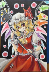 1girl ascot back_bow blonde_hair bow collared_shirt commentary_request crystal crystal_wings flandre_scarlet frilled_shirt_collar frills grin hat hat_ribbon holding holding_weapon laevatein_(touhou) looking_at_viewer marker_(medium) mitsu~ mob_cap multicolored_wings one_side_up photo_(medium) puffy_short_sleeves puffy_sleeves red_bow red_eyes red_ribbon red_skirt red_vest ribbon shirt short_sleeves skirt skirt_set sleeve_bow smile solo touhou traditional_media vest weapon white_bow white_hat white_shirt wings wrist_cuffs yellow_ascot
