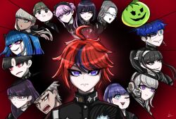 ahoge amemiya_darumi aotsuki_eito black_background black_hair blonde_hair blue_eyes blue_hair brown_eyes closed_mouth ginzaki_shouma gradient_background grey_eyes highres kawana_tsubasa kirifuji_nozomi long_hair magadori_kyoshika maruko_gaku medium_hair mojiro_moko multicolored_eyes multicolored_hair omokage_yugamu oosuzuki_kurara open_mouth pink_eyes pink_hair purple_eyes purple_hair red_background red_eyes shizuhara_hiruko short_hair simple_background sumino_takumi teeth the_hundred_line_-last_defense_academy- tomato tsukumo_ima tsukumo_kako white_hair