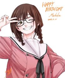 1girl ;d black_ribbon braid brown_hair character_name dated green_eyes hand_on_own_hip happy_birthday highres kaoru_hana_wa_rin_to_saku kikyo_private_academy_school_uniform light_blush looking_at_viewer medium_hair mikami_saka neck_ribbon one_eye_closed open_mouth pink_serafuku ribbon sailor_collar school_uniform serafuku signature simple_background smile solo teeth twin_braids upper_body v white_background white_sailor_collar yuzuhara_madoka
