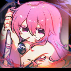 1girl black-framed_eyewear black_eyes breasts colored_eyelashes empty_eyes glasses happy_tree_friends highres holding jitome long_hair looking_at_viewer mole mole_under_eye mouth_hold no_pupils nude omoyu_(nakyu715) personification pink_hair small_breasts solo the_mole_(happy_tree_friends) unworn_eyewear upper_body