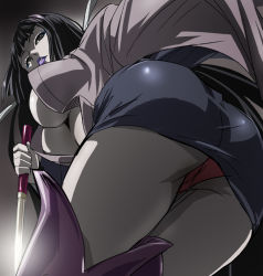1girl afro_samurai ass black_hair boots breasts brown_eyes cleavage female_focus from_below haruyama_kazunori knife large_breasts lips lipstick long_hair makeup miniskirt open_clothes panties pantyshot red_panties sio_(afro_samurai) skirt solo thigh_boots thighhighs underwear upskirt