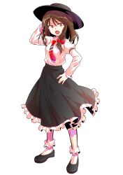 1girl alphes_(style) black_hat black_shoes black_skirt bobby_socks bow breasts brown_hair collared_shirt commentary_request dairi frilled_skirt frills full_body hair_between_eyes hair_bow hand_on_own_hip hat highres large_variant_set legs_apart long_hair long_sleeves medium_breasts necktie parody puffy_long_sleeves puffy_sleeves red_bow red_necktie shirt shoes skirt socks solo standing style_parody tachi-e touhou transparent_background usami_renko variant_set white_shirt white_socks