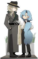 Rule 34 | 1boy, 1girl, 37 (reverse:1999), 6 (reverse:1999), 6 (time and location) (reverse:1999), alternate costume, black gloves, black hat, black pants, black shoes, blonde hair, blue eyes, coat, daku k, fedora, gloves, green necktie, grey coat, hair over one eye, hand in pocket, hat, highres, holding, holding paper, long hair, looking at viewer, looking back, low ponytail, necktie, official alternate costume, one eye covered, pants, paper, plant, ponytail, potted plant, reverse:1999, shirt, shoes, standing, trench coat, very long hair, white background, white shirt