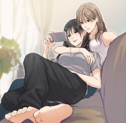 2girls bare_shoulders barefoot black_eyes black_hair brown_eyes brown_hair couch feet headphones hyaku_ae_mon multiple_girls on_couch original pants shirt sitting smile yuri