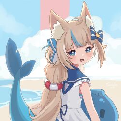 1girl absurdres ahoge animal_ear_fluff beach blonde_hair blue_eyes blue_hair blue_sky dress fang highres indie_virtual_youtuber lighthouse looking_at_viewer multicolored_hair one_side_up open_mouth sameko_saba sameko_saba_(fish) sand sky sleeveless sleeveless_dress smile solo streaked_hair tangle_(pixiv102660396) virtual_youtuber white_dress