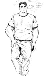 1boy bara contrapposto dyzd1 expressionless facial_hair greyscale highres looking_at_viewer male_focus monochrome muscular muscular_male original pants shirt short_hair sideburns_stubble solo stubble t-shirt thick_eyebrows thick_neck translation_request