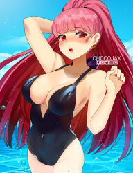 1girl alternate_costume artist_name bare_shoulders black_one-piece_swimsuit blue_sky blush breasts chocojax cleavage cloud collarbone covered_navel earrings female_focus fire_emblem fire_emblem:_three_houses highres hilda_valentine_goneril hilda_valentine_goneril_(timeskip) instagram_logo instagram_username jewelry large_breasts long_hair looking_at_viewer nintendo ocean one-piece_swimsuit open_mouth outdoors patreon_logo patreon_username pink_nails ponytail sky solo swimsuit teeth thighs tongue twitch_logo twitch_username twitter_logo twitter_username upper_teeth_only