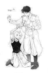 2boys ahoge animal_collar black_boots black_hair black_tank_top blonde_hair boots collar edward_elric full_body fullmetal_alchemist furrowed_brow hair_between_eyes hands_up highres kneeling male_focus mechanical_arms military_uniform military_vehicle multiple_boys parted_bangs parted_lips ponytail restrained roy_mustang single_mechanical_arm smile standing sweatdrop tank_top xue_ezi