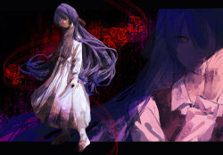 Rule 34 | 1girl, abstract background, bandage over one eye, bandages, blood, bow, closed mouth, commentary, dress, ellen (majo no ie), from side, hair between eyes, hair bow, highres, holding, holding knife, knife, letterboxed, long hair, looking at viewer, majo no ie, nightgown, purple hair, red dress, red eyes, sketch, solo, user hkcj3875, very long hair, white nightgown