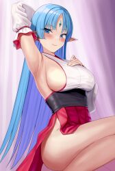1girl aegis_kalar arm_up armpits blue_eyes blue_hair blush breasts commission detached_sleeves forehead_jewel highres kalar_(race) large_breasts long_hair looking_at_viewer pointy_ears px-tea rance_(series) sideboob skeb_commission smile solo