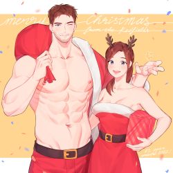 Rule 34 | 1boy, 1girl, abs, absurdres, bare pectorals, beard, breasts, brother and sister, brown hair, chris redfield, christmas, claire redfield, cleavage, cowboy shot, english text, facial hair, fur-trimmed jacket, fur trim, highres, hirusuhi, jacket, large pectorals, long hair, mature male, merry christmas, muscular, muscular male, navel, nipples, one eye closed, open clothes, open jacket, pectorals, red jacket, resident evil, short hair, siblings, sideburns, small head, smile, stomach