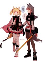 2girls ahoge animal_ears ankle_boots arknights black_boots black_cape black_capelet black_gloves black_shorts black_vest blonde_hair blush boots brown_hair brown_pantyhose brown_tail cape capelet chinese_text commentary eye_contact fingerless_gloves full_body gloves hand_on_own_chin high_collar highres holding holding_sword holding_weapon jacket knee_boots layered_skirt long_sleeves looking_at_another medium_hair multiple_girls pantyhose pink_cape pink_skirt profile red_eyes shadow71580825 shirt short_hair short_shorts shorts simple_background skirt sora_(arknights) sparkle speech_bubble standing strap sword symbol-only_commentary tail texas_(arknights) thighhighs thought_bubble translation_request twintails two-sided_cape two-sided_fabric vest weapon white_background white_boots white_jacket white_shirt white_skirt white_thighhighs wolf_ears wolf_girl wolf_tail yellow_eyes