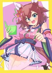 1girl absurdres animal_ears blue_eyes blush breasts commentary_request cupmeshi detached_sleeves flower hair_between_eyes hair_flaps hair_flower hair_ornament highres holding horse_ears medium_breasts medium_hair notebook open_mouth pencil pink_hair ribbon sakura_chiyono_o_(umamusume) simple_background teeth thighhighs umamusume upper_teeth_only