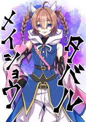1girl :p ahoge baggy_pants belt black_belt blue_jacket braid brown_hair character_name detached_sleeves ear_covers genderswap genderswap_(mtf) hair_between_eyes hair_intakes highres jacket looking_at_viewer meisho_tabaru_(racehorse) multicolored_hair original pants personification purple_eyes ruisuke solo streaked_hair tongue tongue_out twin_braids white_hair white_pants
