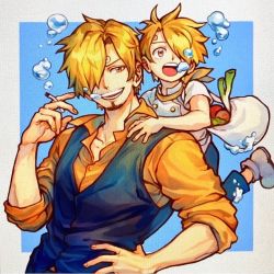 2boys age_comparison aged_down air_bubble aokamei bag black_vest blonde_hair bubble child cigarette collared_shirt facial_hair goatee hair_over_one_eye holding holding_cigarette male_focus multiple_boys one_piece onion sanji_(one_piece) shirt shopping_bag short_hair smile smoking time_paradox underwater upper_body vest