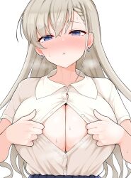 1girl absurdres blue_eyes blush braid breasts cleavage_cutout clothing_cutout collared_shirt earrings grey_hair highres hisakawa_hayate idolmaster idolmaster_cinderella_girls jewelry large_breasts long_hair looking_at_viewer paizuri_invitation raindrop746079 shirt simple_background solo sweat white_background white_shirt