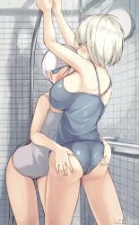2girls absurdres ass between_breasts blue_hair blush breasts cowboy_shot face_between_breasts female_focus grabbing_another&#039;s_ass groping head_between_breasts highres indoors large_breasts leaning_forward multiple_girls original pixiv_username school_swimsuit shadow short_hair shower_(place) showering sideboob standing swim_cap swimsuit twitter_username wanashi_tam water white_hair yellow_eyes yuri